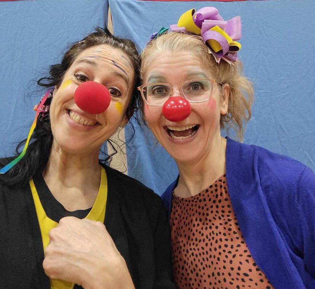 Holly and Karen in clown makeup for their show "The Dance Class"