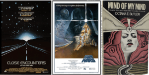 Movie posters from Close Encounters, Star Wars: A New Hope, and the book cover of Mind of My Mind