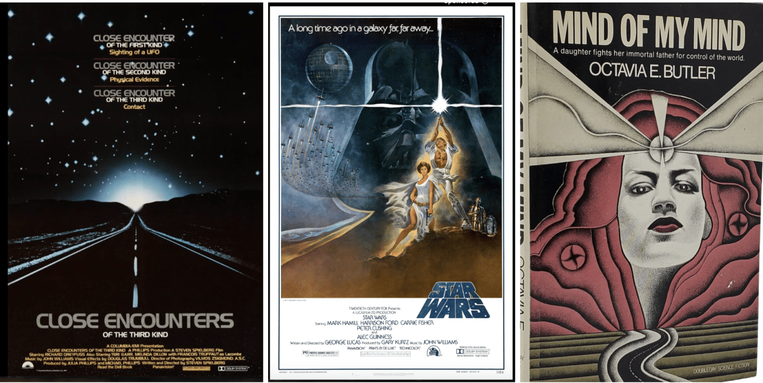 Movie posters from Close Encounters, Star Wars: A New Hope, and the book cover of Mind of My Mind