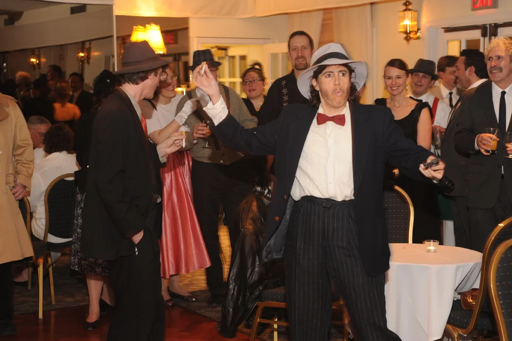 Holly dressed for a murder mystery with Mystery and Adventure Agency